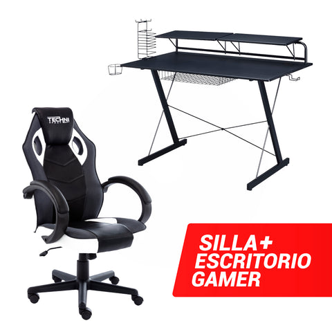 Silla Gamer RACING Blanco + Escritorio Gamer Fibra de Carbono