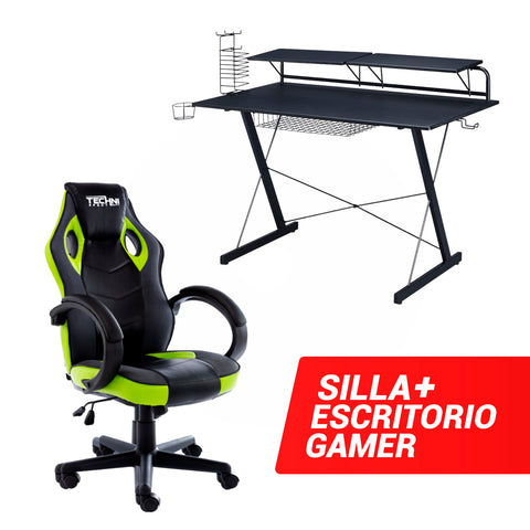 Silla Gamer RACING Verde + Escritorio Gamer Fibra de Carbono
